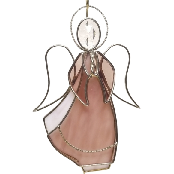 Stained Glass Angel Suncatcher Signed Pink White Christmas‎ Angel 9"Hx6"W - Picture 1 of 11